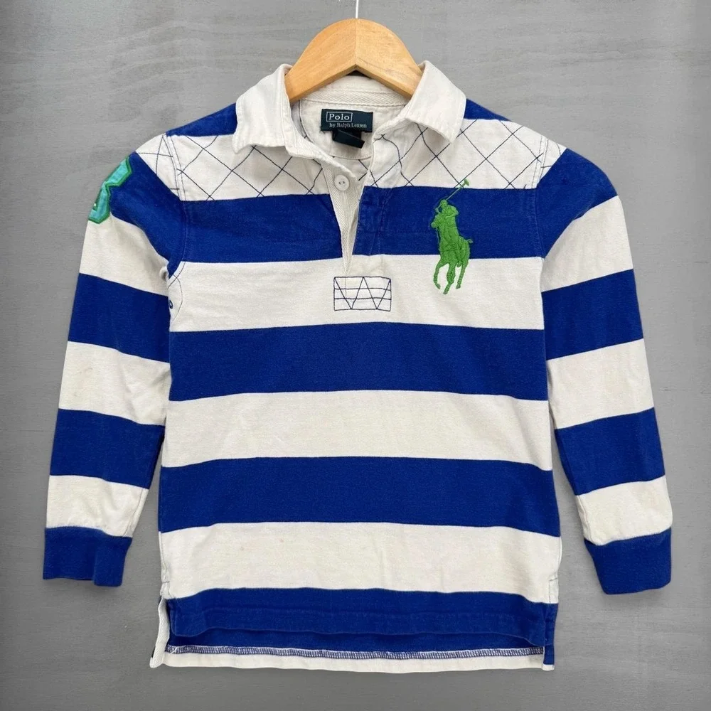 Polo Ralph Lauren Rugby Shirt Blue White Striped Quilted Pony Logo Size 7